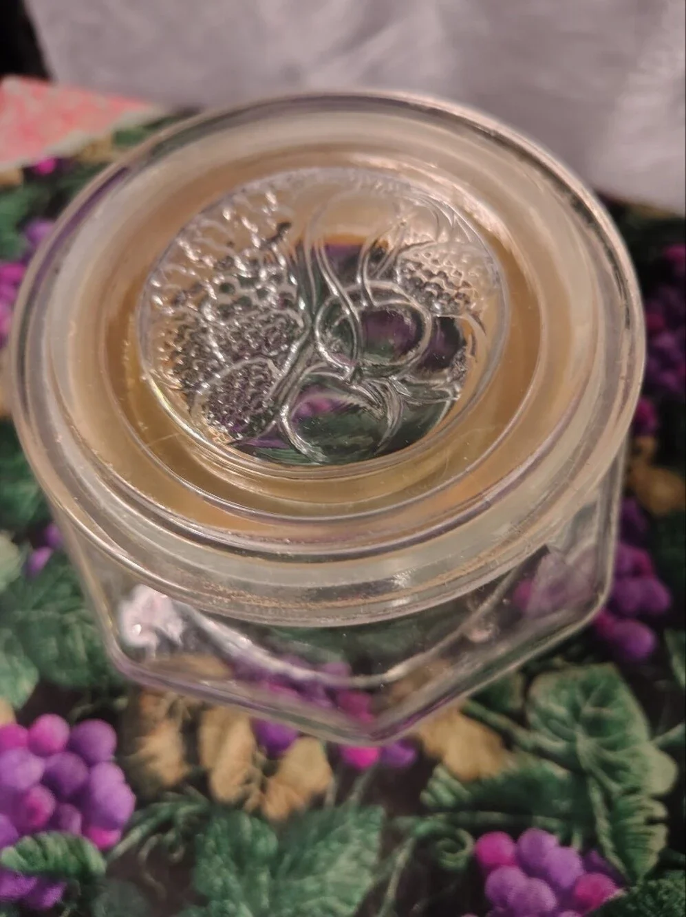 Vintage Embossed Grape Hexagon Glass Canister Jar with Lid